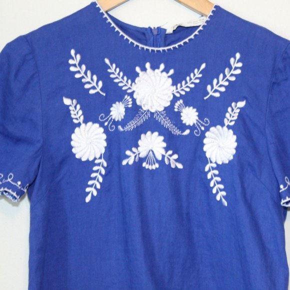 Zara Embroidered Floral Shift Linen Dress Blue White Women's Size Small H12693 - Picture 4 of 11